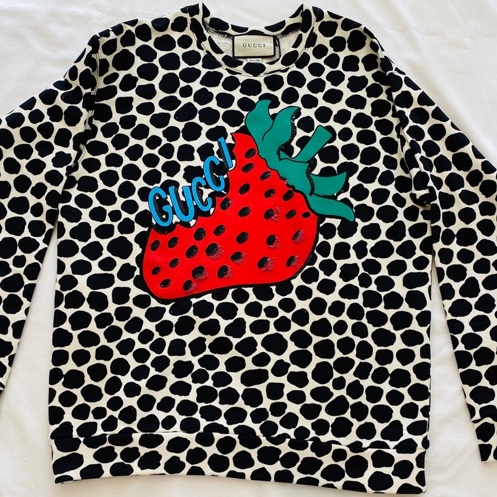 GUCCI Strawberry Sequin Sweatshirt Polka Dot Crewneck Black White Logo Rare
